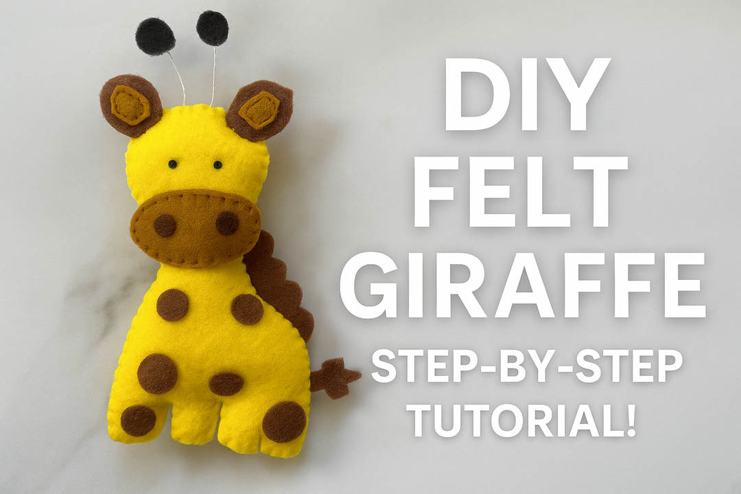 Handmade DIY felt giraffe crafted with yellow and brown FabricLA felt – beginner sewing project for kids and adults.