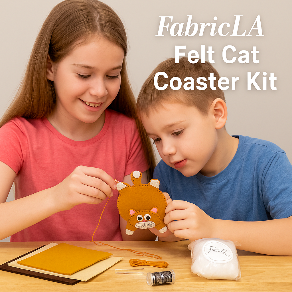 Two children working on a craft project with FabricLA Felt Cat Coaster Kit.