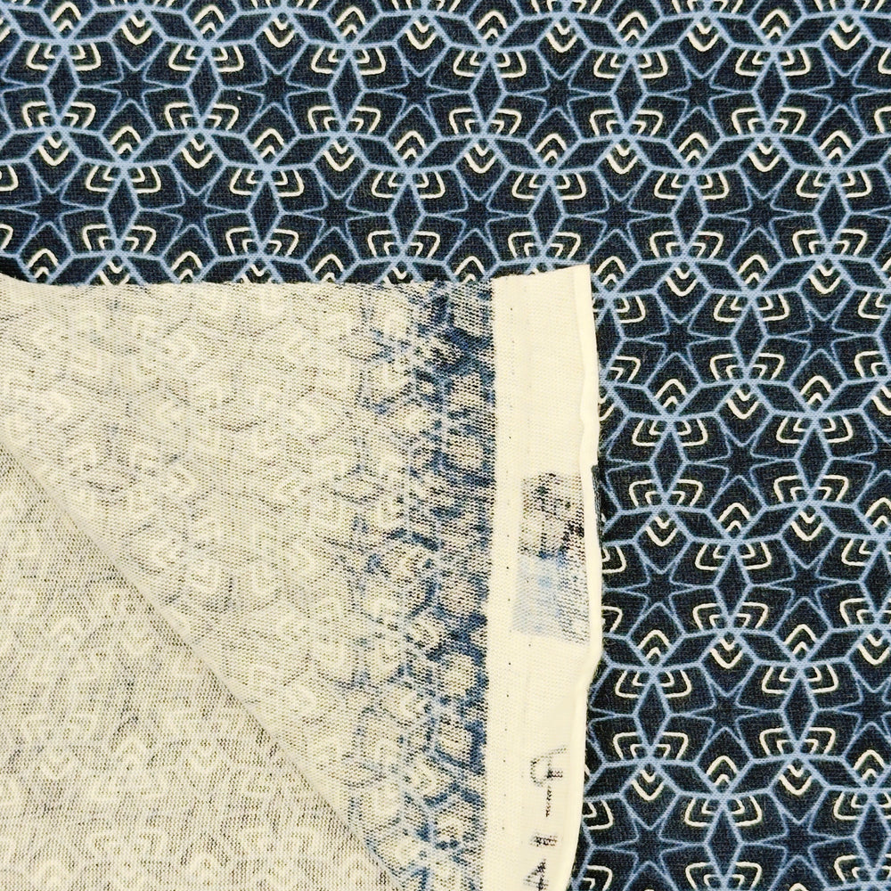 Navy and white geometric lattice print cotton jersey knit fabric, 58–60 inch wide, 130 GSM.