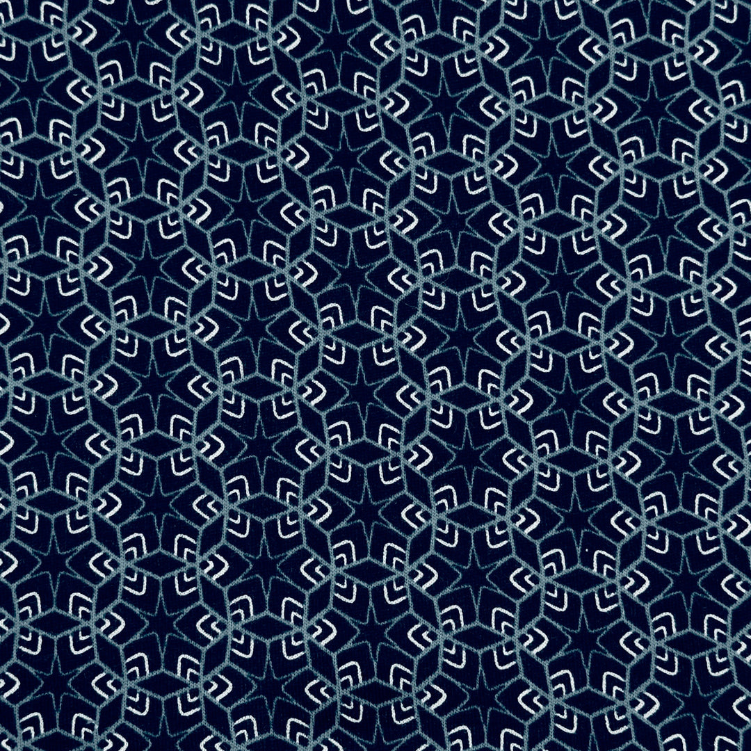 Geometric pattern with white shapes on a blue background