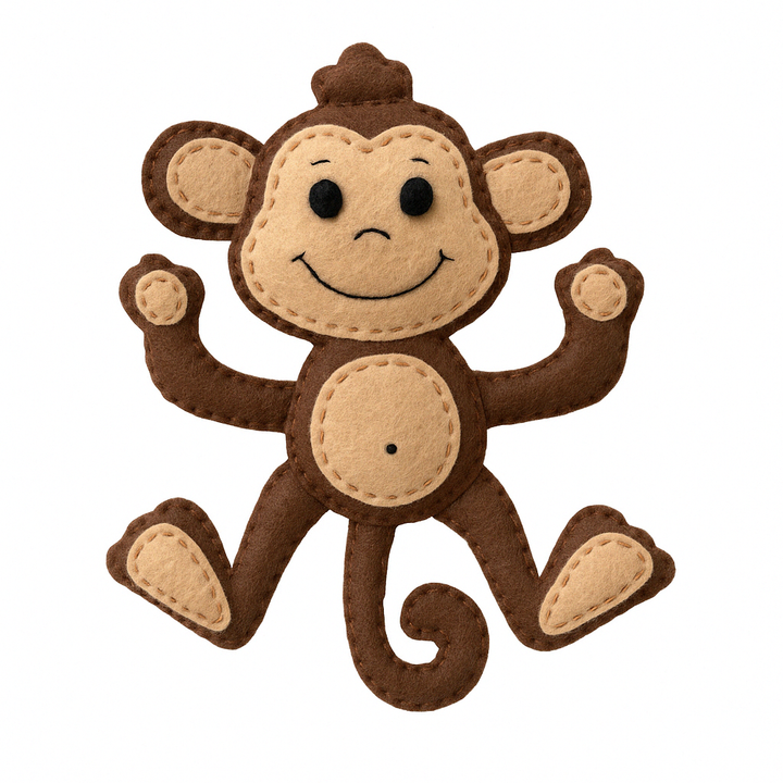A plush felt monkey with brown and beige colors, designed for a DIY crafting kit.