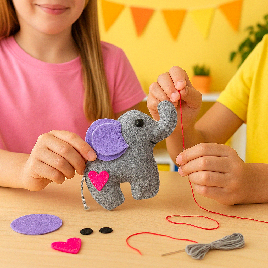 Kids making felt elephant kit with FabricLA's felt fabric and supplies.