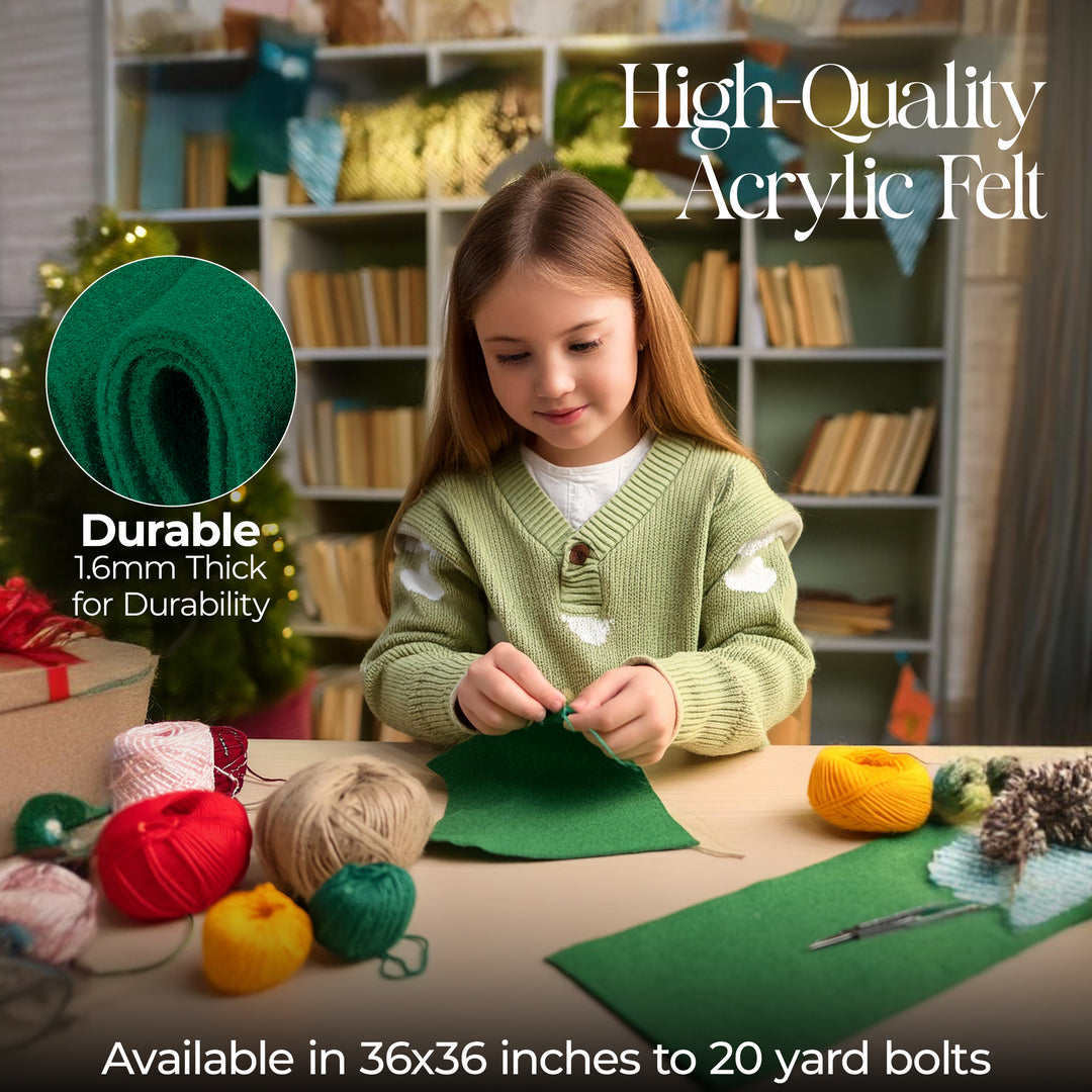 A child is crafting with green acrylic felt fabric in a workshop setting, with various colorful crafting materials and tools around. The child is creating a felt craft, which is shown in the process of being shaped on a roll.