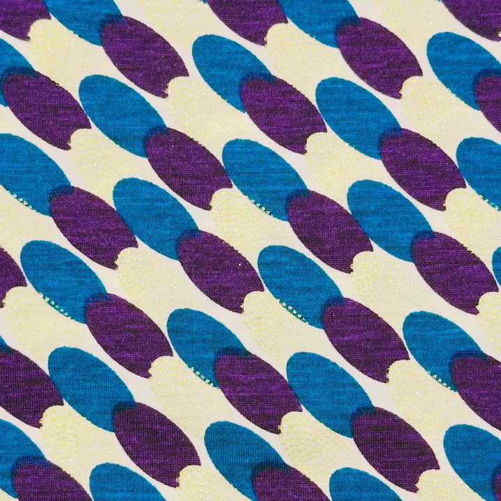 Teal and purple oval dot print cotton jersey knit fabric, 58–60 inch wide, 165 GSM.