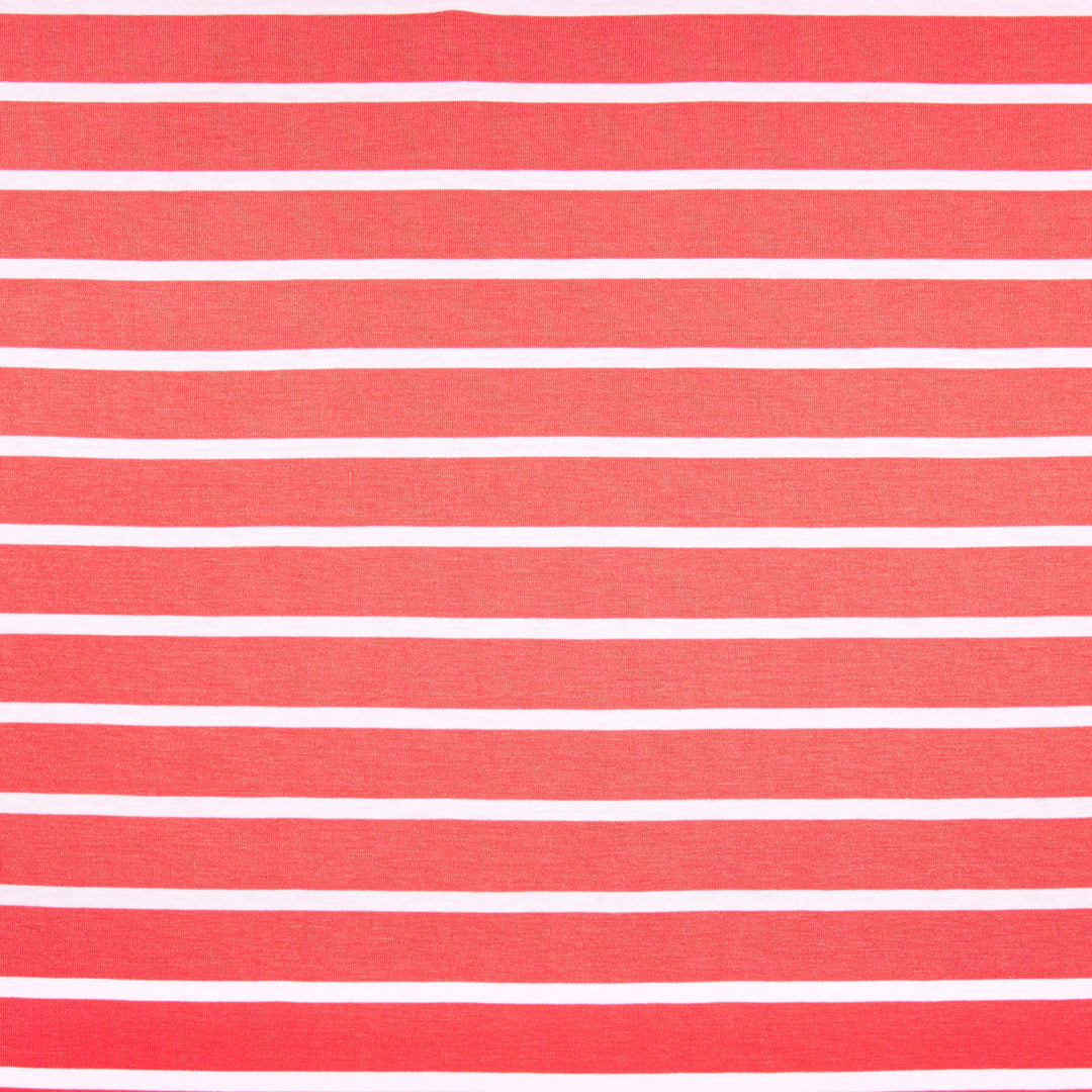 FabricLA Rayon Spandex Jersey Knit Fabric Stripes - 58/60" Inches (150 CM) Wide by The Yard - 4 Way Stretch Fabric - Light to Medium Fabric 185 GSM - (Coral, White) - FabricLA.com