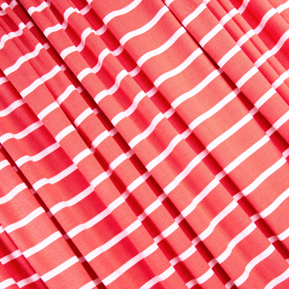 FabricLA Rayon Spandex Jersey Knit Fabric Stripes - 58/60" Inches (150 CM) Wide by The Yard - 4 Way Stretch Fabric - Light to Medium Fabric 185 GSM - (Coral, White) - FabricLA.com