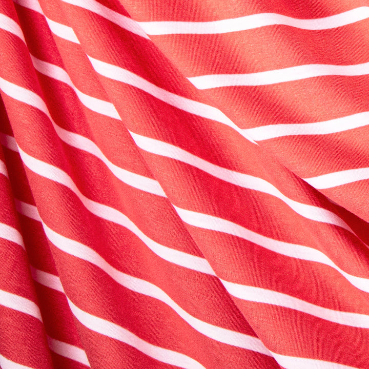 FabricLA Rayon Spandex Jersey Knit Fabric Stripes - 58/60" Inches (150 CM) Wide by The Yard - 4 Way Stretch Fabric - Light to Medium Fabric 185 GSM - (Coral, White) - FabricLA.com