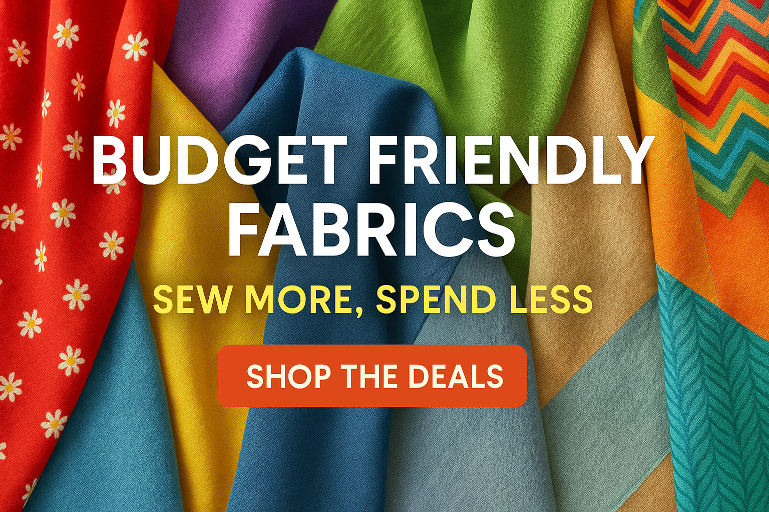 image with multi color fabric with title BUDGET FRIENDLY FABRICS and sub text SEW MORE, SPEND LESS and button SHOP THE DEALS
