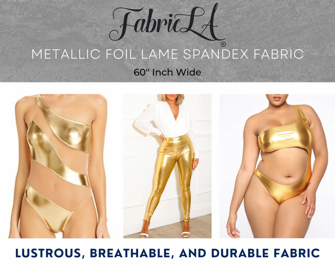 Metallic Lame Foil Spandex Knit Fabric | Gold - FabricLA.com