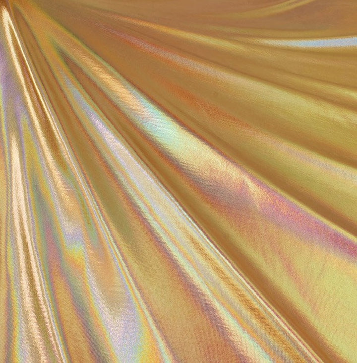 Hologram Metallic Foil Spandex Knit Fabric 4-Way Stretch, 60" Inch Wide | Gold Iridescent - FabricLA.com