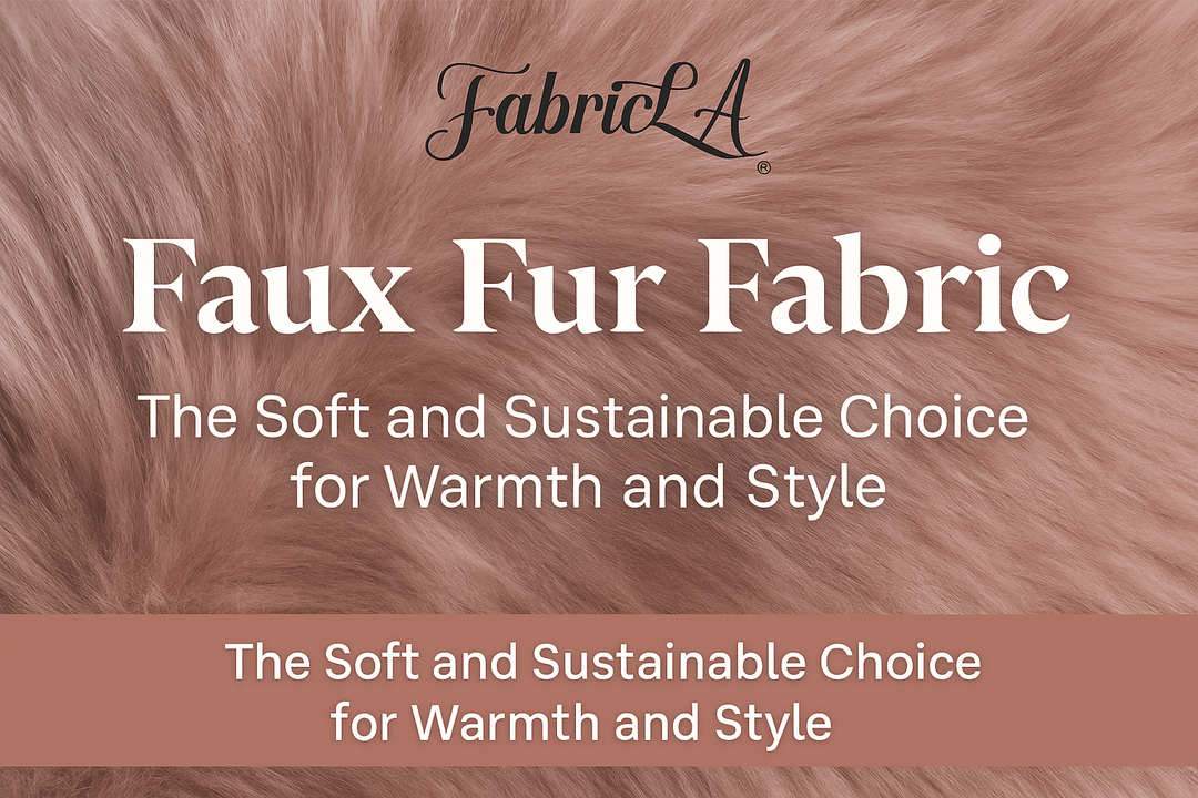 Luxurious faux fur fabric in soft, warm tones with the FabricLA logo, showcasing its sustainable style for fashion, DIY, and home decor projects.