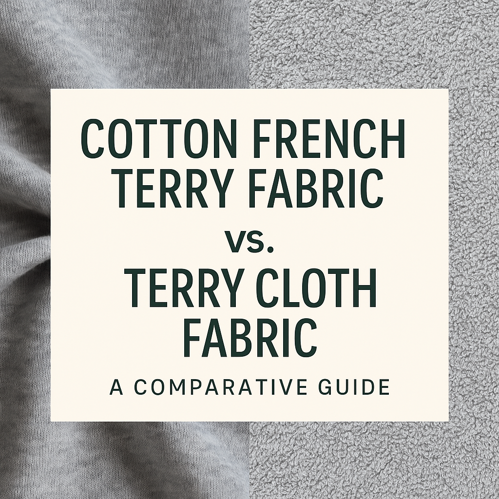 Side-by-side comparison of cotton French terry fabric and terry cloth fabric, highlighting texture, thickness, and usage differences for apparel and DIY projects.