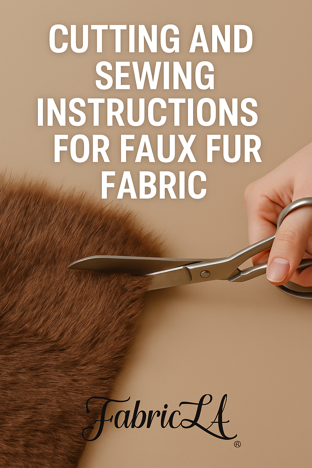 Instructional graphic for cutting and sewing faux fur fabric, featuring tools and techniques to achieve clean, professional results using FabricLA faux fur.