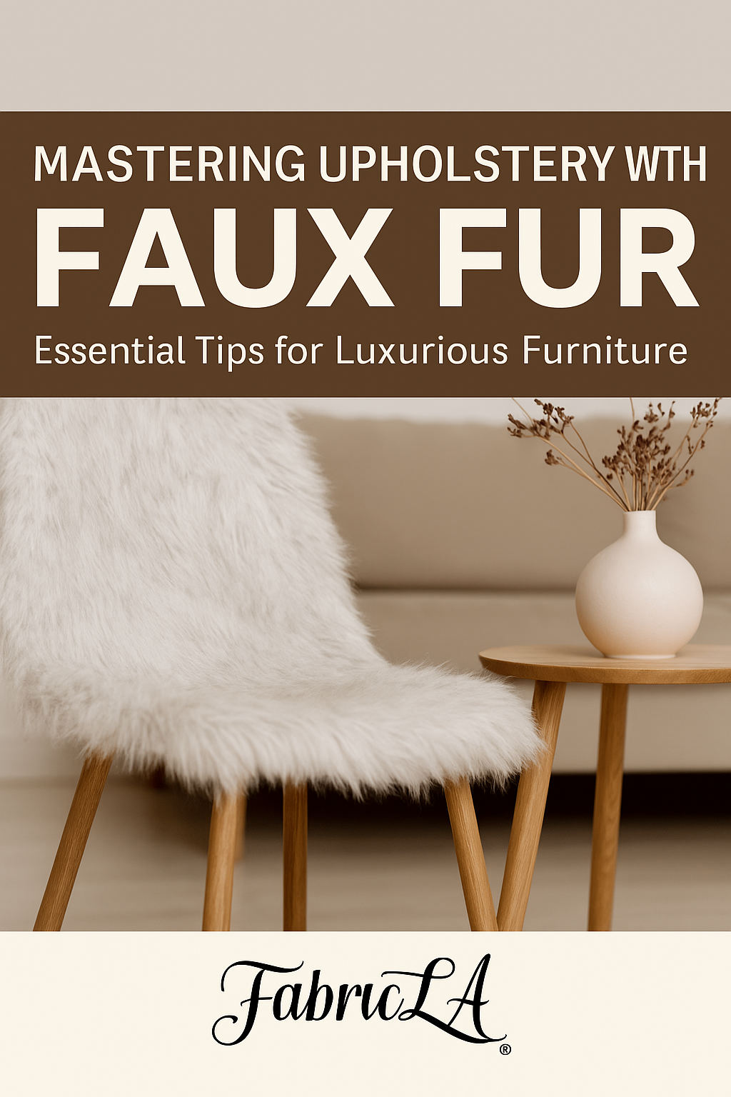 Thumbnail graphic showing a luxurious faux fur-upholstered chair with elegant text overlay ‘Mastering Upholstery with Faux Fur’ and FabricLA branding.