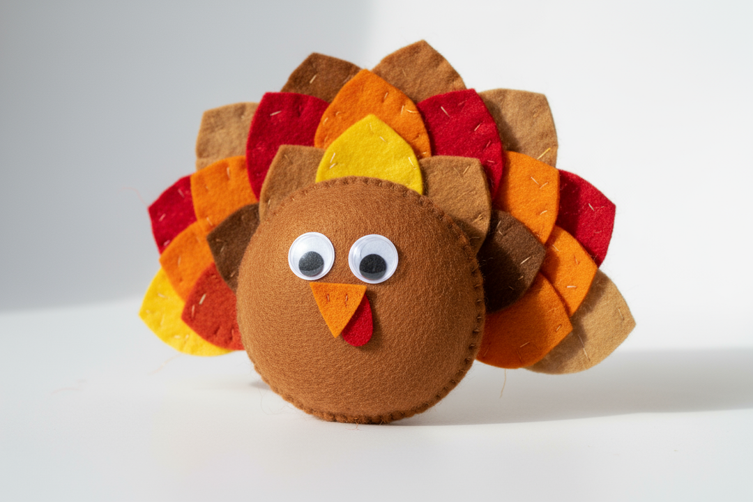 DIY Felt Turkey crafted with colorful felt leaves for a fun Thanksgiving craft.