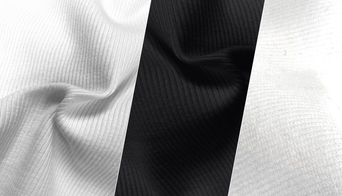 Cotton rib knit fabric in 2x1 white, 2x1 black and 1x1 white PFD