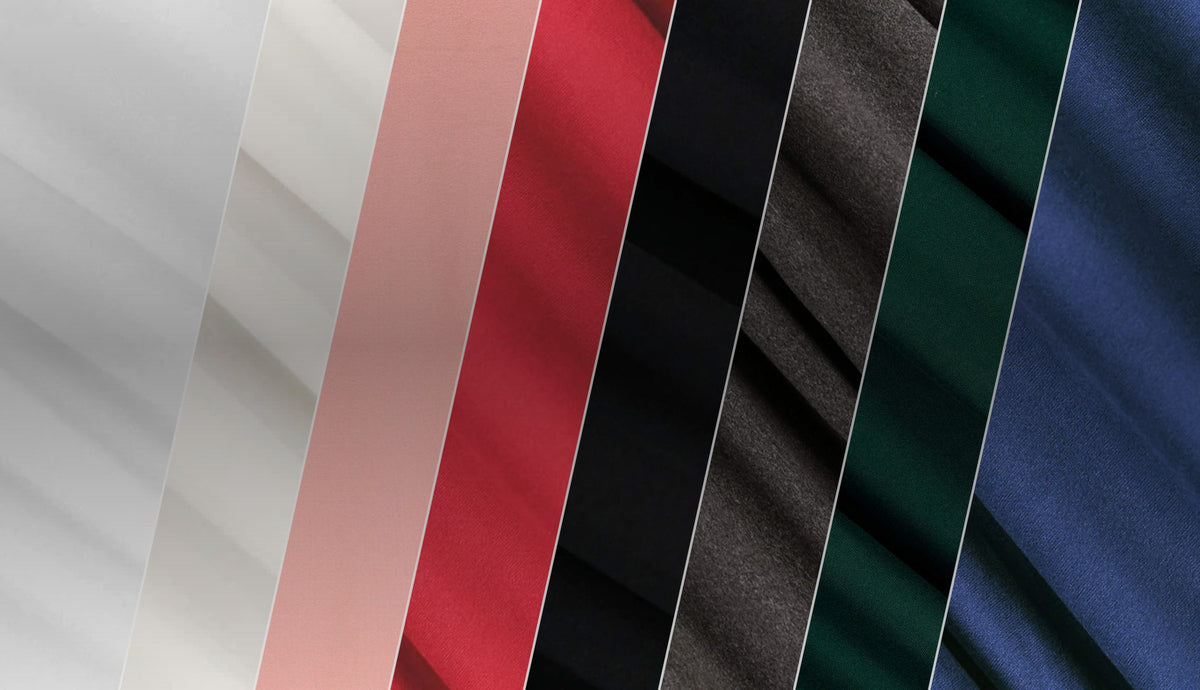 DTY double brushed poly spandex fabric in white, ivory, dusty rose, red, black, charcoal, hunter green and periwinkle blue