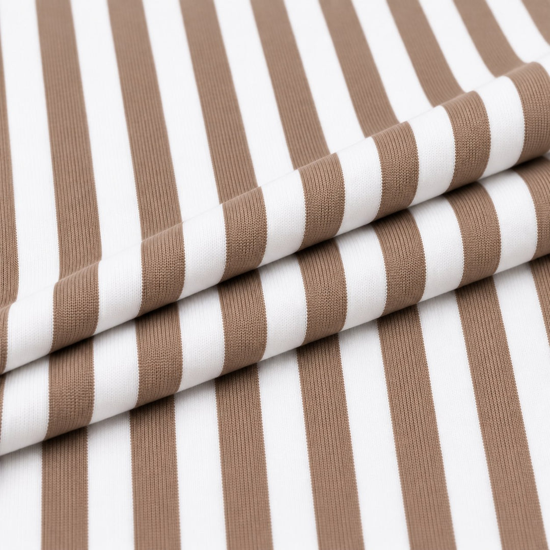 Taupe and white cotton spandex stripe fabric 3/8 inch