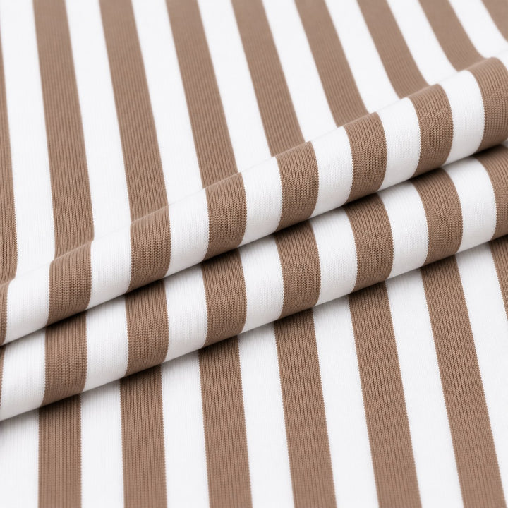 Taupe and white cotton spandex stripe fabric 3/8 inch