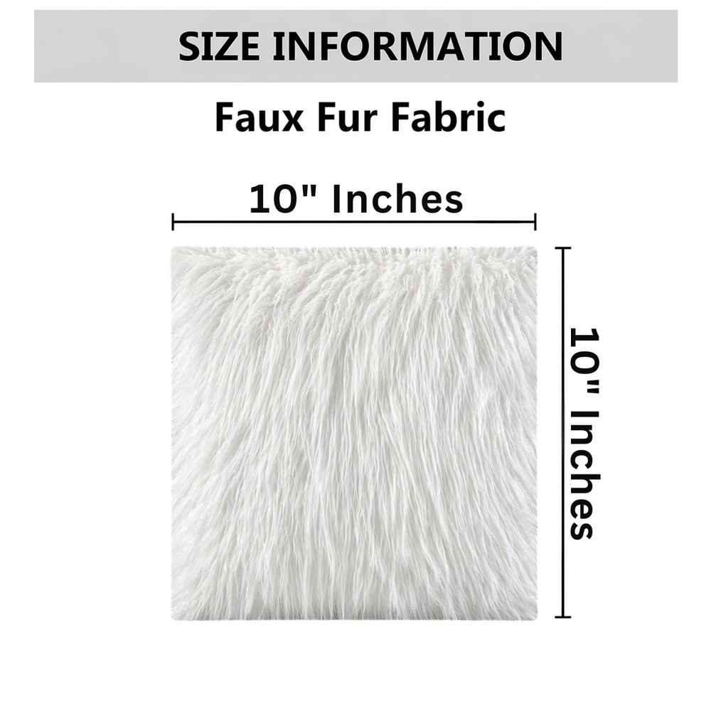 White fake fur squares size information with dimensions of 10 inches by 10 inches for crafting use.