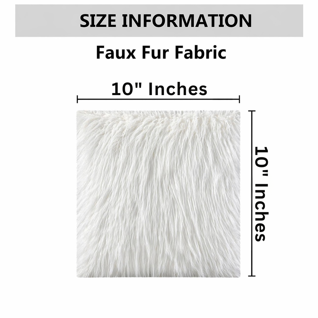 White fake fur squares size information with dimensions of 10 inches by 10 inches for crafting use.