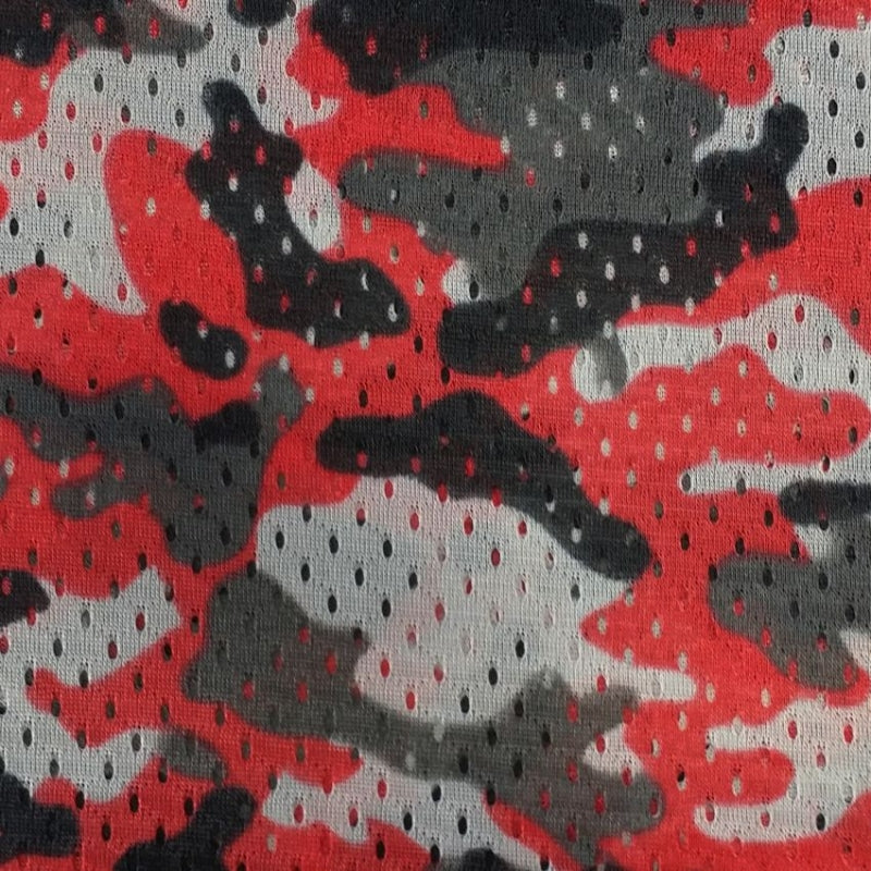 Camouflage Football Mesh fabric in Red, sold by the yard