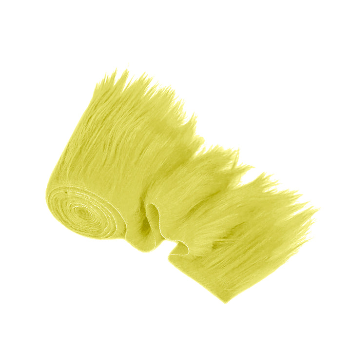 Faux fur fabric trim in bright yellow color, ideal for DIY crafts and costumes.