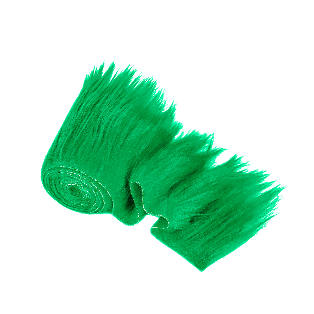 Faux fur fabric trim in vibrant green color, soft and fluffy, ideal for DIY craft and costume projects.