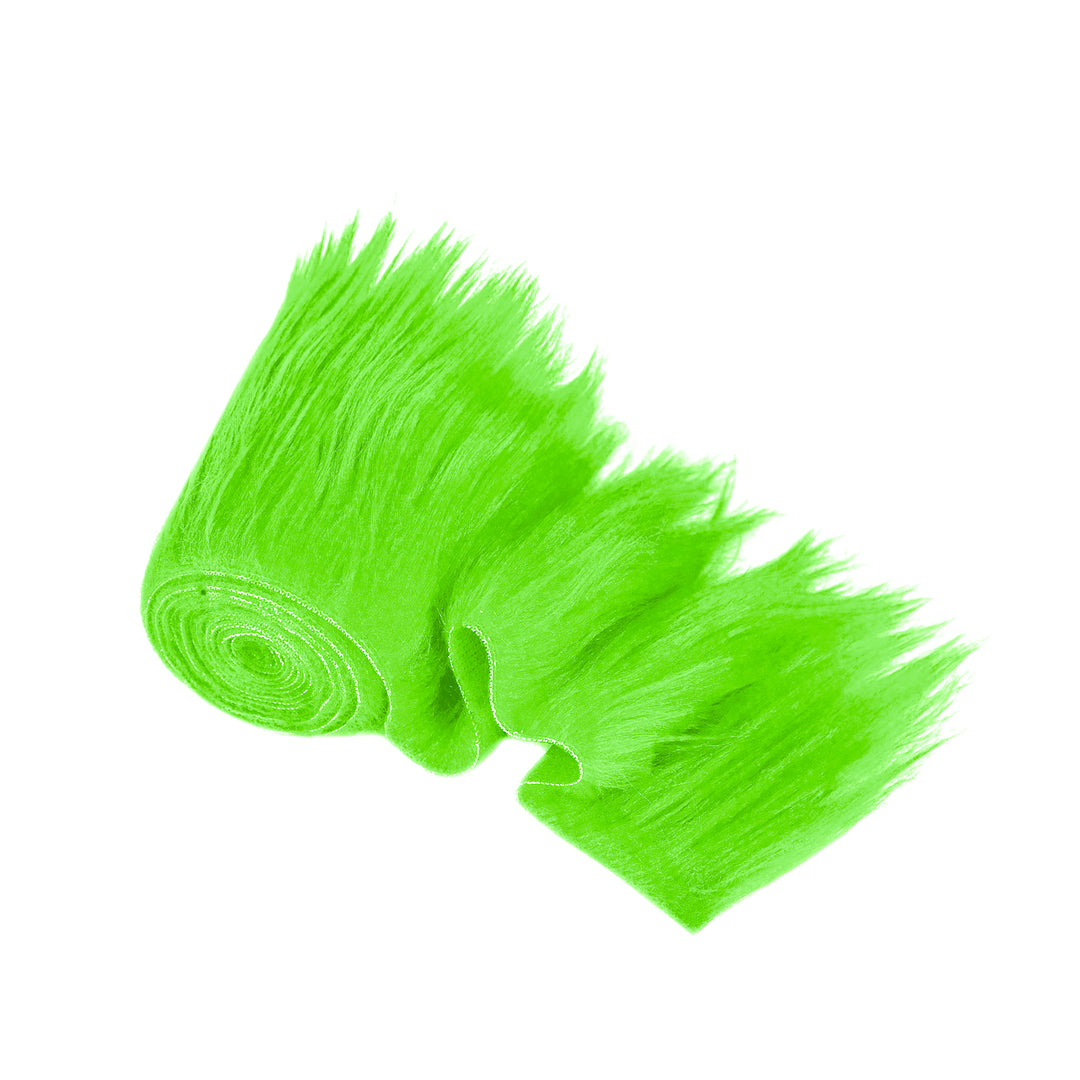 Faux fur fabric trim in vibrant neon green, soft and fluffy, ideal for DIY craft and costume projects.