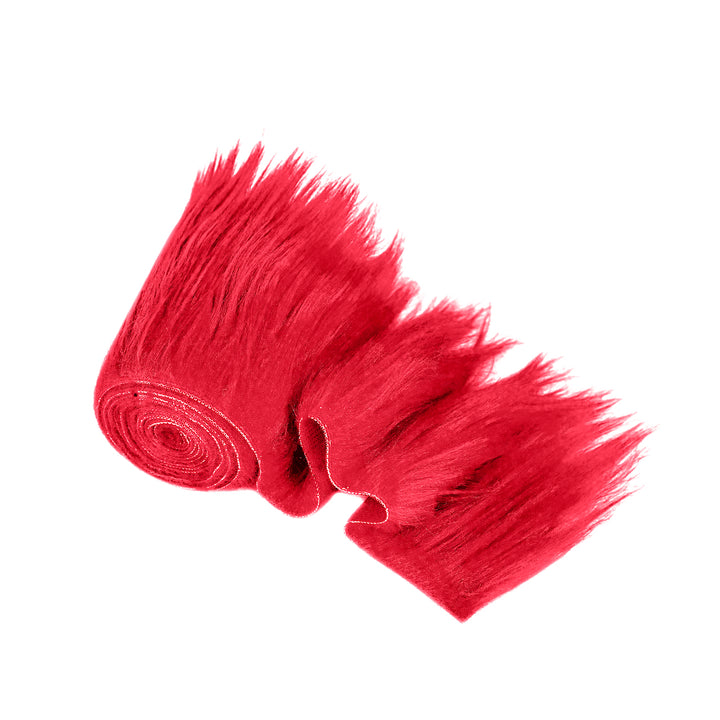 Faux fur fabric trim in vibrant red color, precut 6x60 inch roll for DIY crafts and costume projects.