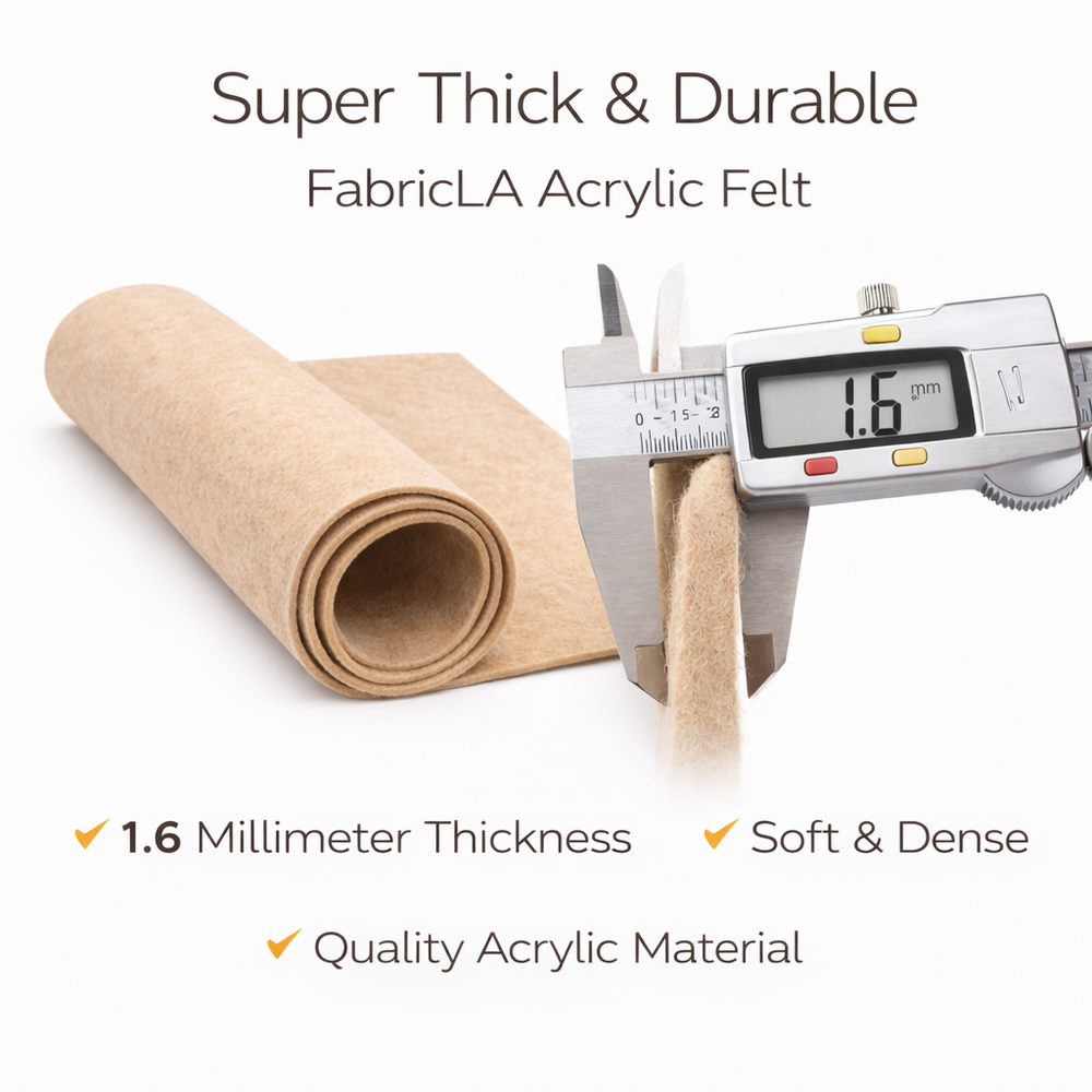 Acrylic Felt Fabric roll measurement showing 1.6mm thickness and soft, durable qualities.
