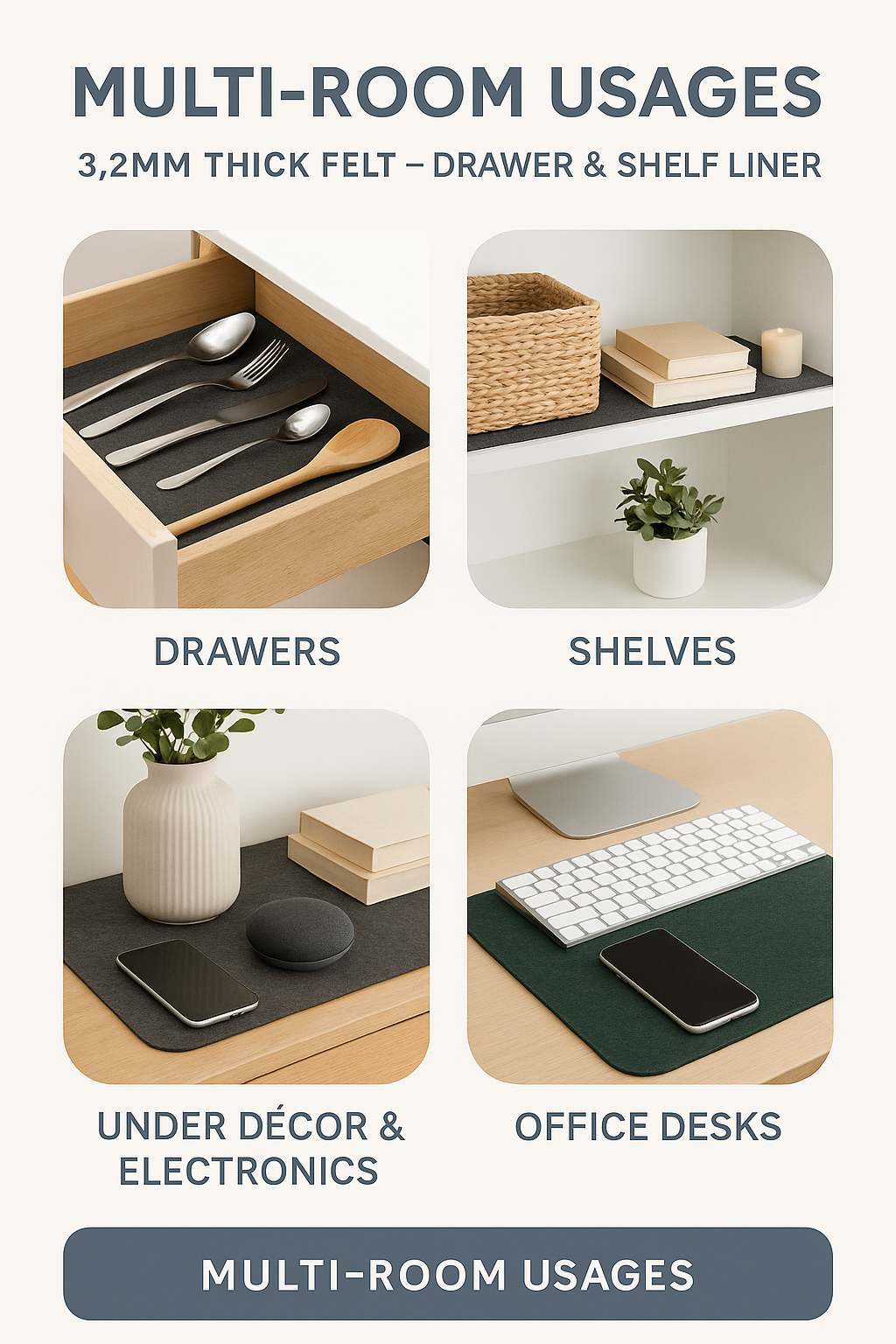 FabricLA 3.2mm Felt Drawer & Shelf Liner – Rounded Corners • Cut-to-Fit • Won’t Fray • Free Shipping