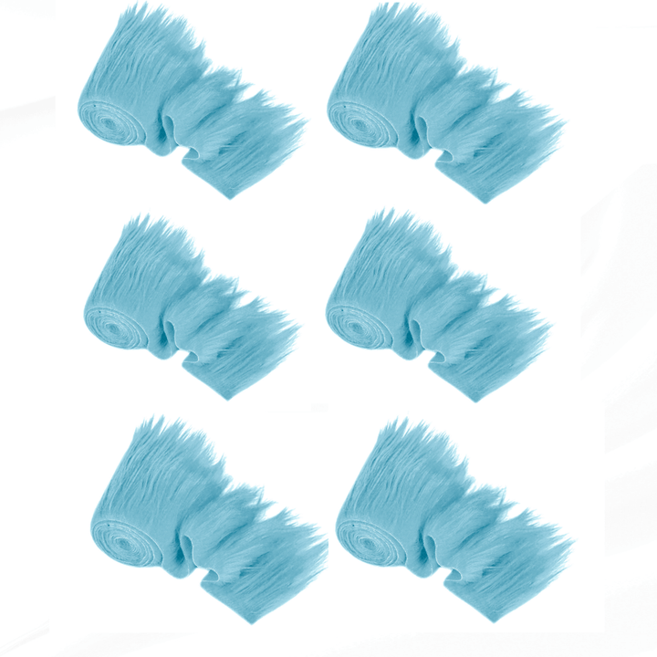 Faux fur fabric trim rolls in light blue, soft and fluffy, ideal for DIY crafts and costume projects.