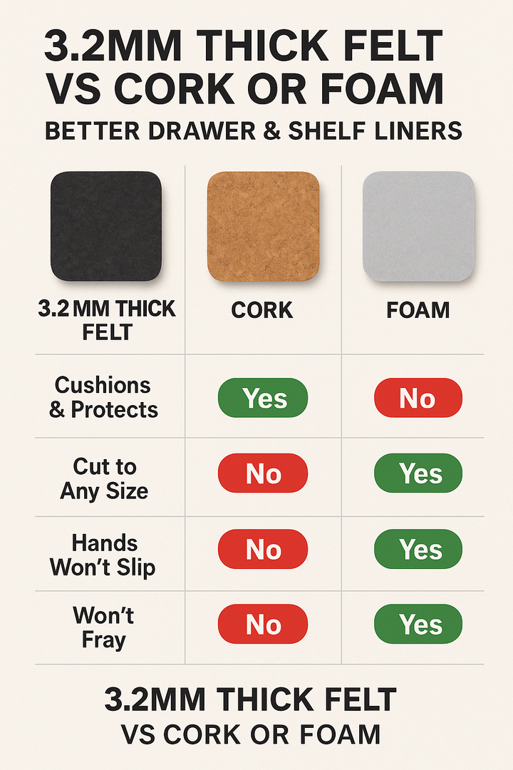 FabricLA 3.2mm Felt Drawer & Shelf Liner – Rounded Corners • Cut-to-Fit • Won’t Fray • Free Shipping