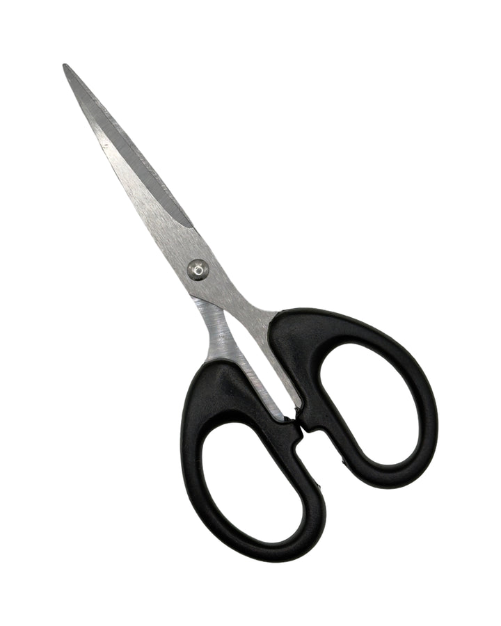 Pair of scissors with black handles on a white background