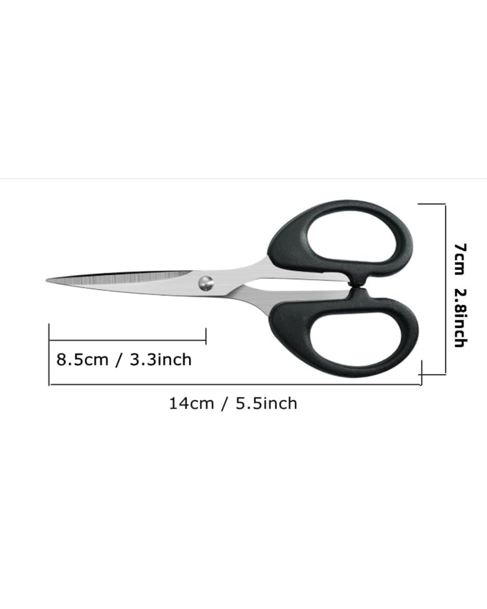 Measurement chart of a pair of scissors with dimensions labeled.
