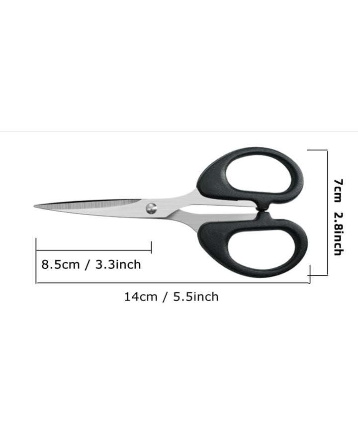 Measurement chart of a pair of scissors with dimensions labeled.