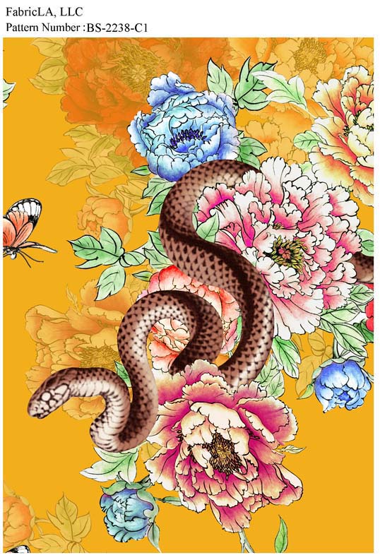Printed fabric – floral bouquets with snakes on mustard – pattern BS-2238-C1 | FabricLA
