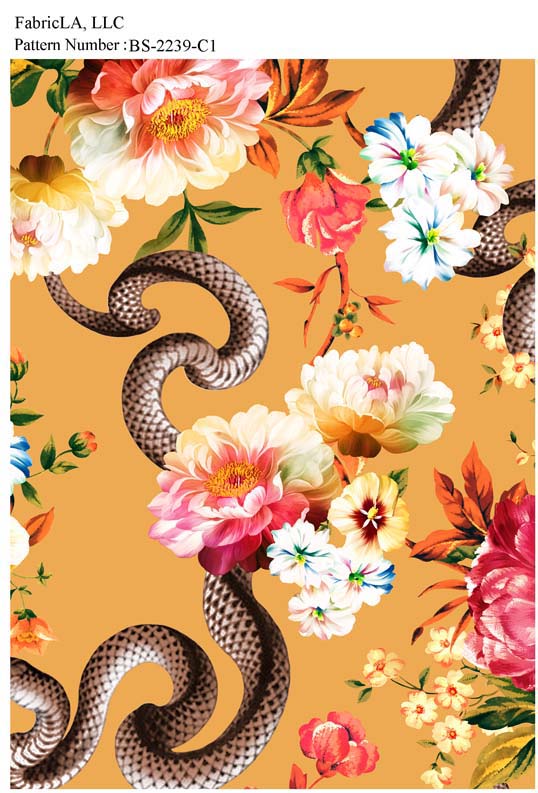 Printed fabric – floral bouquets with snakes on mustard – pattern BS-2239-C1 | FabricLA