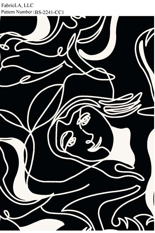 Printed fabric – black and white line-art faces – pattern BS-2241-C1 | FabricLA