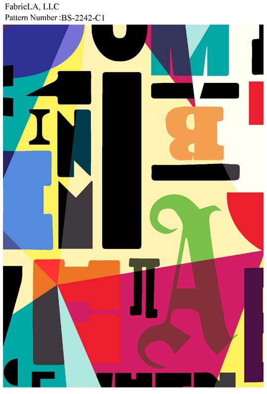 Printed fabric – colorful abstract letters and shapes – pattern BS-2242-C1 | FabricLA