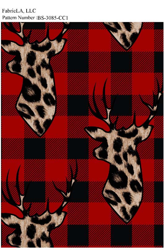 Christmas fabric print – red buffalo plaid with leopard reindeer heads – pattern BS-3085-CC1 | FabricLA