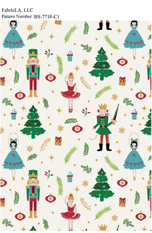 Christmas fabric print – nutcrackers, ballerinas, trees and ornaments on cream – pattern BS-7718-C1 | FabricLA