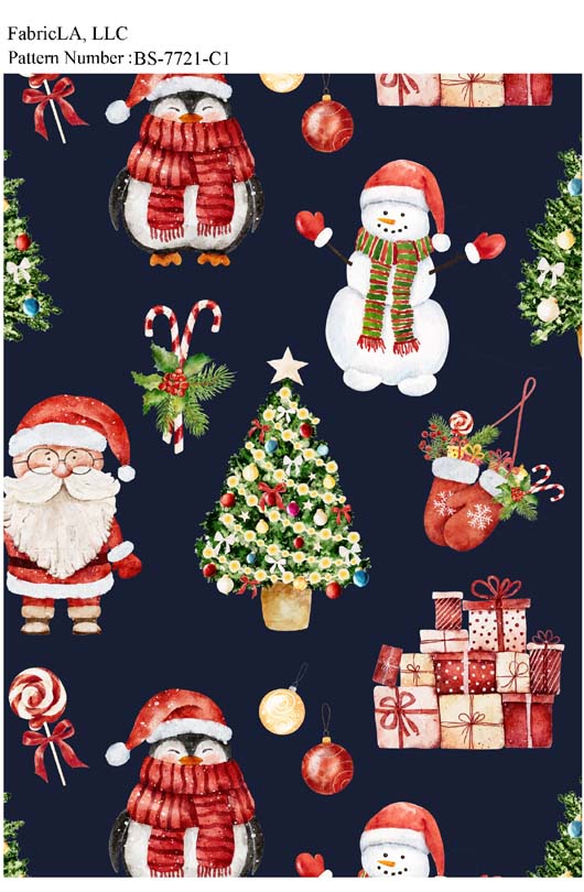 Christmas fabric print – Santa, snowman, tree and gifts on navy – pattern BS-7721-C1 | FabricLA