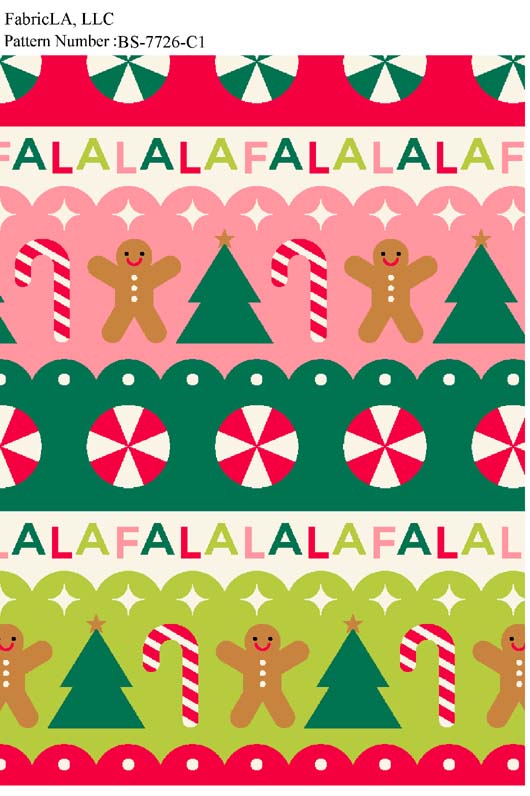 Christmas fabric print – Fa La La gingerbread and candy stripes – pattern BS-7726-C1 | FabricLA