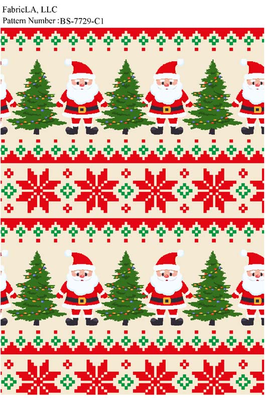 Christmas fabric print – Santa, trees and Fair Isle stripes – pattern BS-7729-C1 | FabricLA