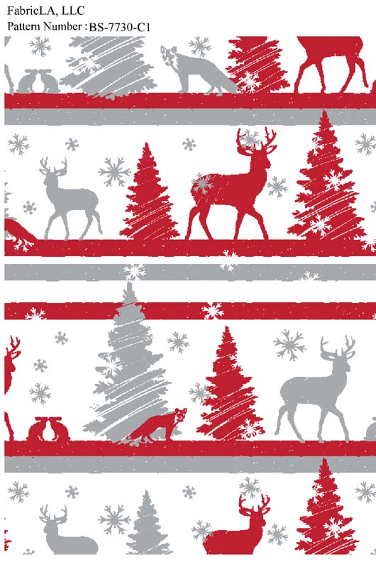 Christmas fabric print – red reindeer and forest stripes on white – pattern BS-7730-C1 | FabricLA