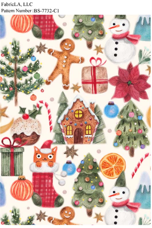 Christmas fabric print – gingerbread house, trees and treats on white – pattern BS-7732-C1 | FabricLA