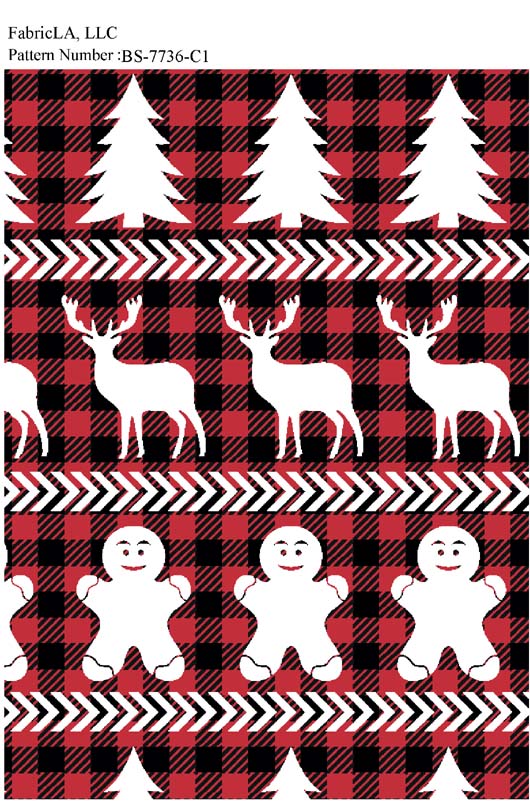 Christmas fabric print – reindeer and gingerbread on buffalo check – pattern BS-7736-C1 | FabricLA