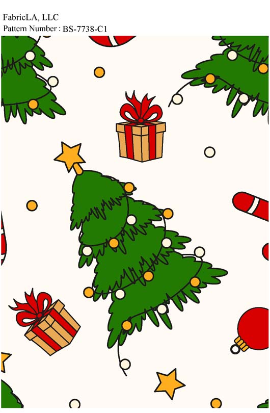 Christmas fabric print – Christmas trees and gifts on white – pattern BS-7738-C1 | FabricLA